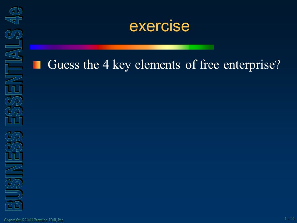 Copyright ©2003 Prentice Hall, Inc exercise Guess the 4 key elements of free enterprise