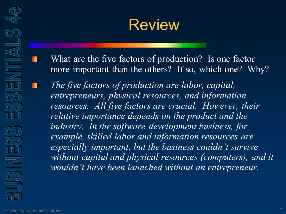 Copyright ©2003 Prentice Hall, Inc Review What are the five factors of production.