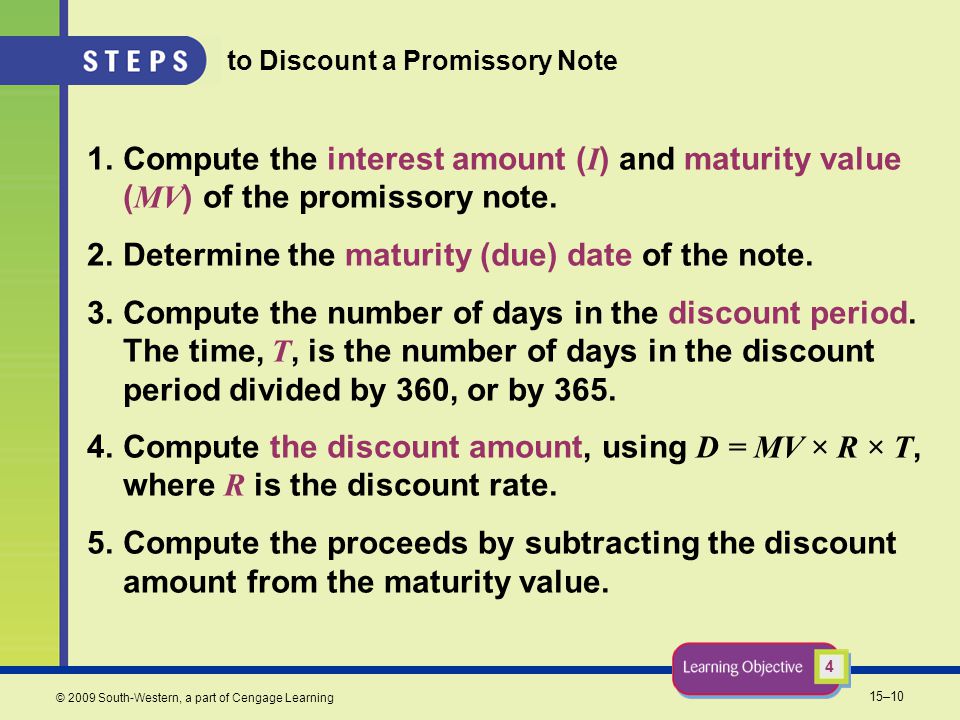 15–10 © 2009 South-Western, a part of Cengage Learning to Discount a Promissory Note 1.Compute the interest amount ( I ) and maturity value ( MV ) of the promissory note.