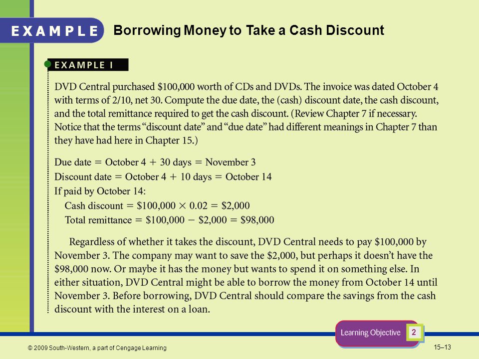 15–13 © 2009 South-Western, a part of Cengage Learning 2 E X A M P L E Borrowing Money to Take a Cash Discount