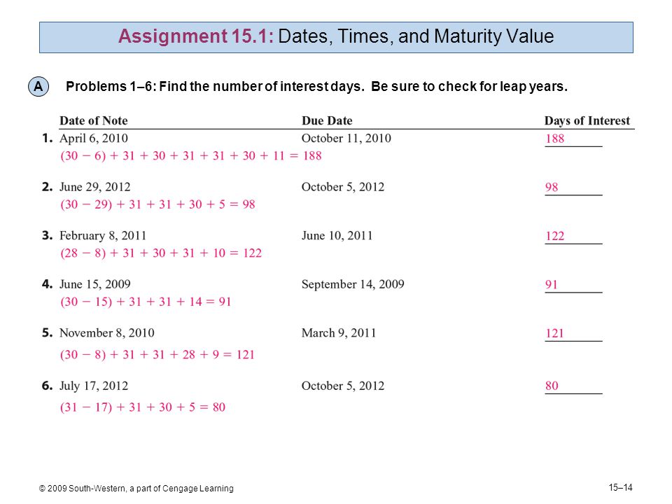 15–14 © 2009 South-Western, a part of Cengage Learning Assignment 15.1: Dates, Times, and Maturity Value A Problems 1–6: Find the number of interest days.