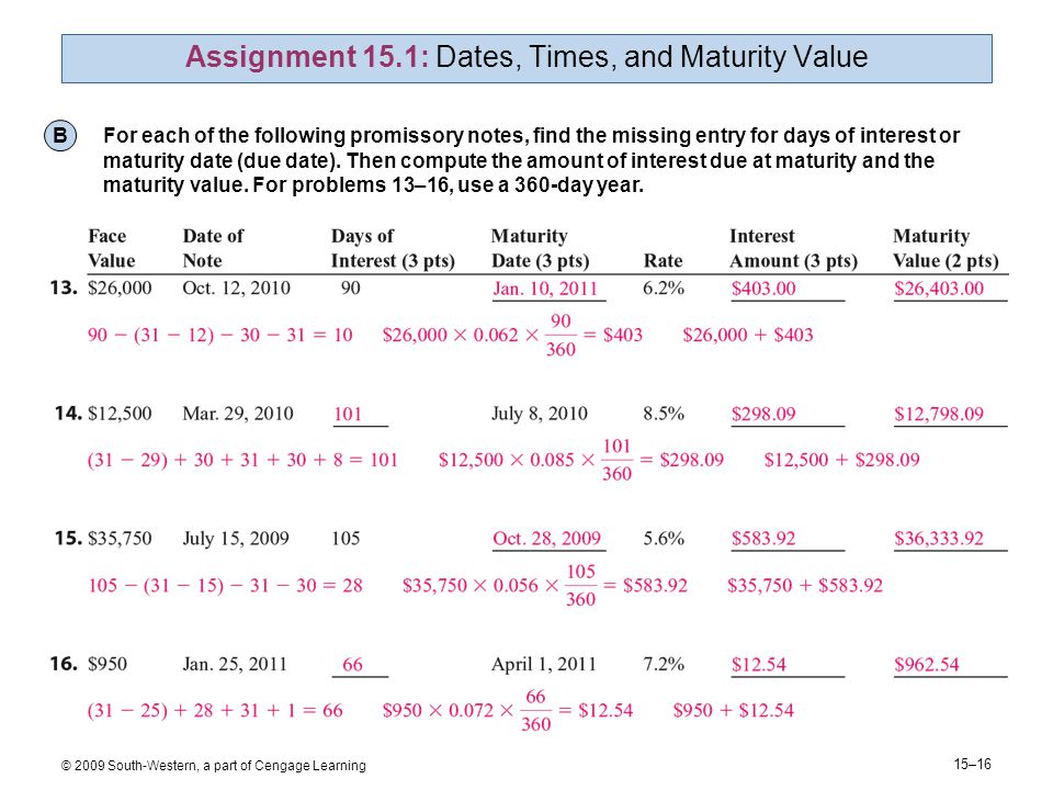 15–16 © 2009 South-Western, a part of Cengage Learning Assignment 15.1: Dates, Times, and Maturity Value B For each of the following promissory notes, find the missing entry for days of interest or maturity date (due date).