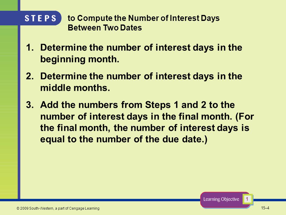 15–4 © 2009 South-Western, a part of Cengage Learning to Compute the Number of Interest Days Between Two Dates 1.Determine the number of interest days in the beginning month.