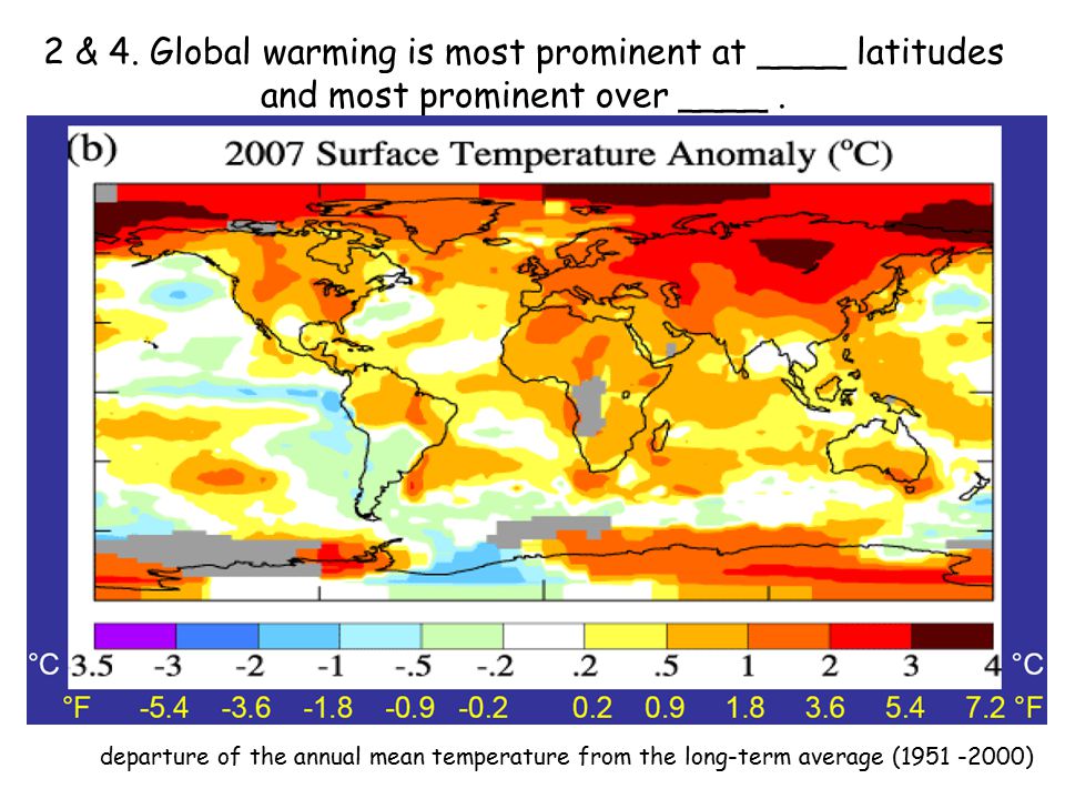 2 & 4. Global warming is most prominent at ____ latitudes and most prominent over ____.