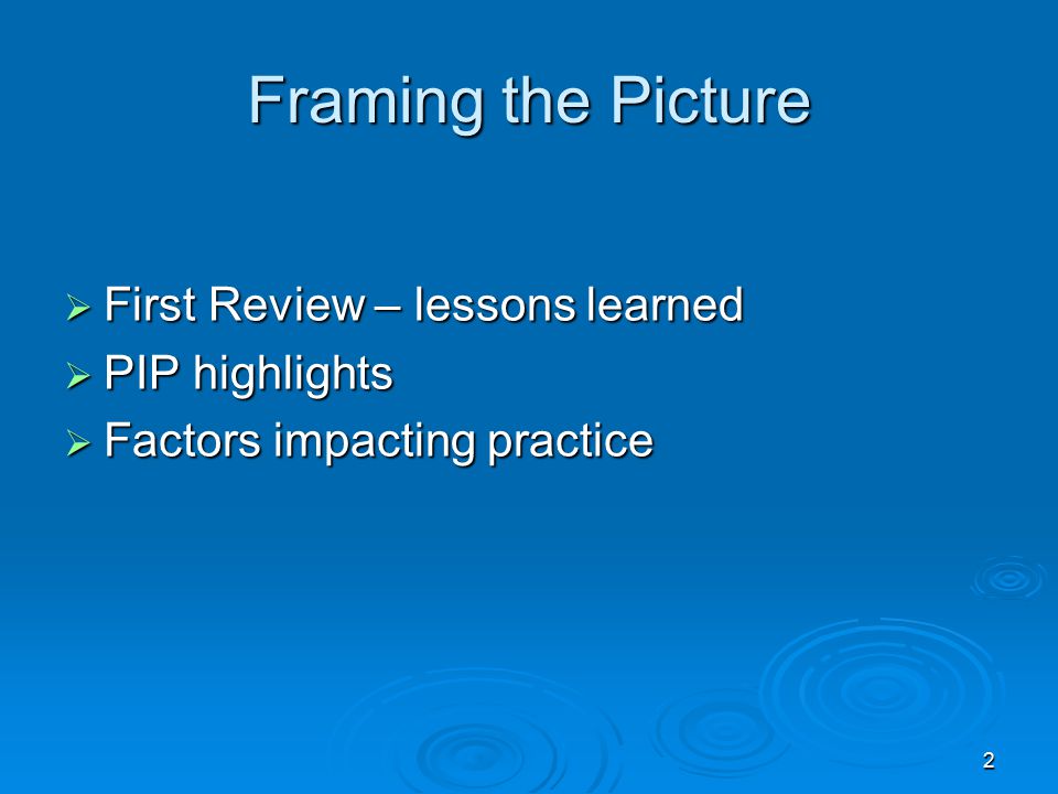 2 Framing the Picture  First Review – lessons learned  PIP highlights  Factors impacting practice
