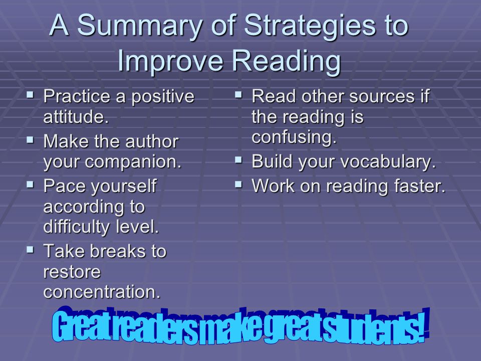 A Summary of Strategies to Improve Reading  Practice a positive attitude.