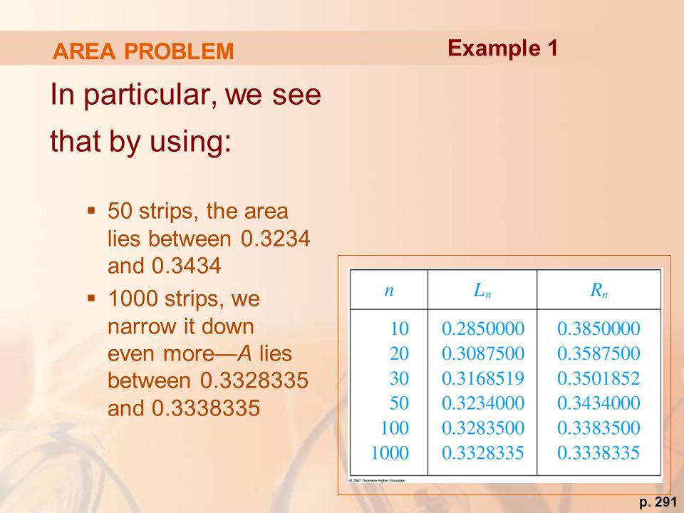 AREA PROBLEM In particular, we see that by using:  50 strips, the area lies between and  1000 strips, we narrow it down even more—A lies between and Example 1 p.