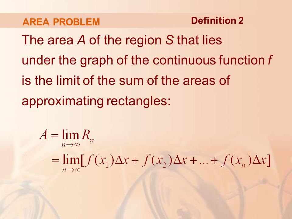 AREA PROBLEM The area A of the region S that lies under the graph of the continuous function f is the limit of the sum of the areas of approximating rectangles: Definition 2