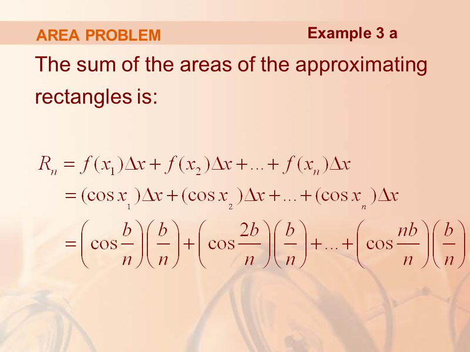 AREA PROBLEM The sum of the areas of the approximating rectangles is: Example 3 a