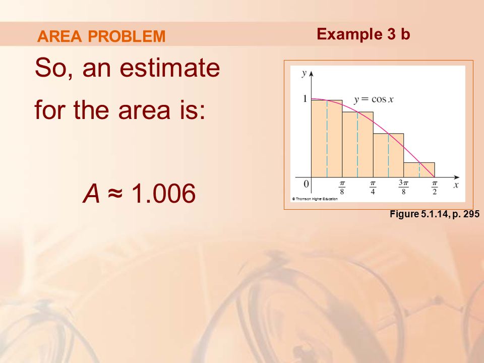 AREA PROBLEM So, an estimate for the area is: A ≈ Example 3 b © Thomson Higher Education Figure , p.