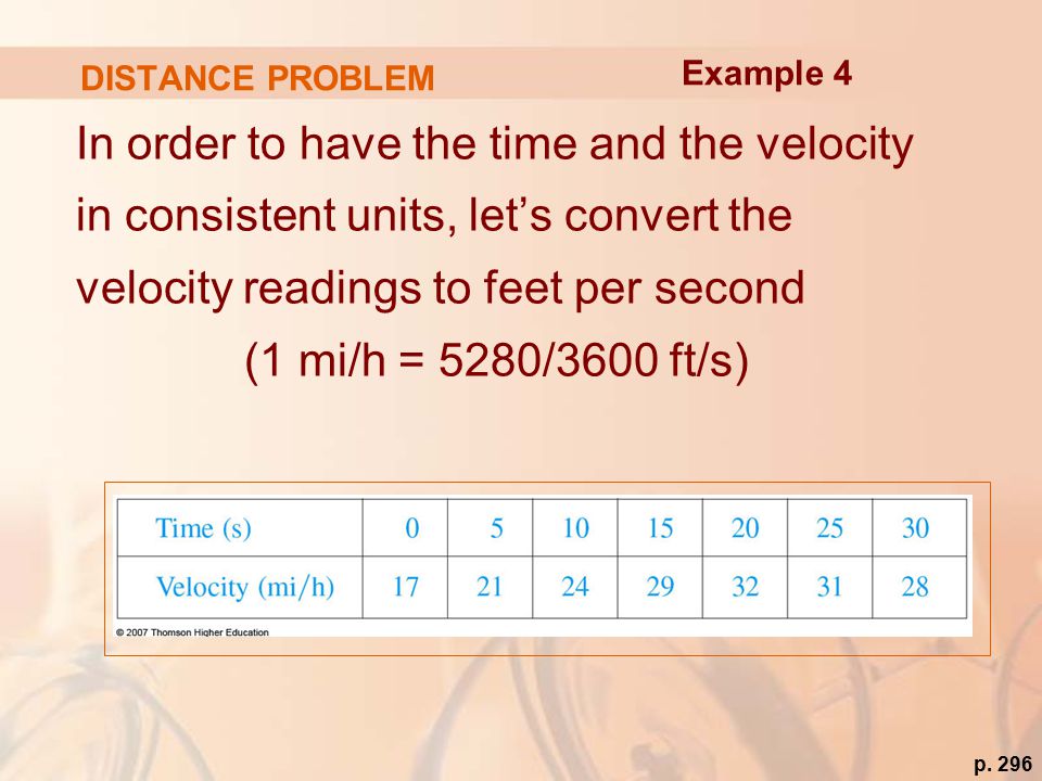 DISTANCE PROBLEM In order to have the time and the velocity in consistent units, let’s convert the velocity readings to feet per second (1 mi/h = 5280/3600 ft/s) Example 4 p.