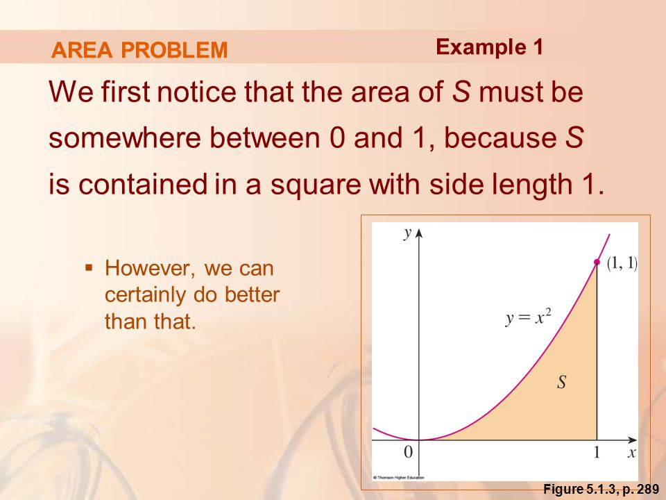 AREA PROBLEM We first notice that the area of S must be somewhere between 0 and 1, because S is contained in a square with side length 1.