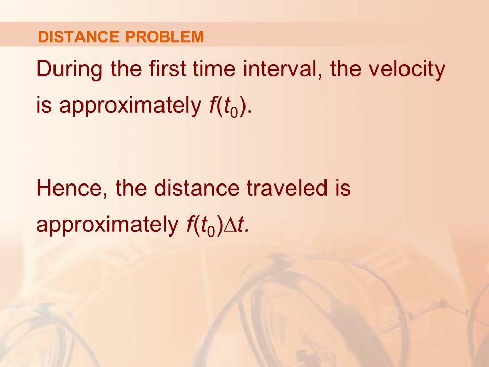 DISTANCE PROBLEM During the first time interval, the velocity is approximately f(t 0 ).