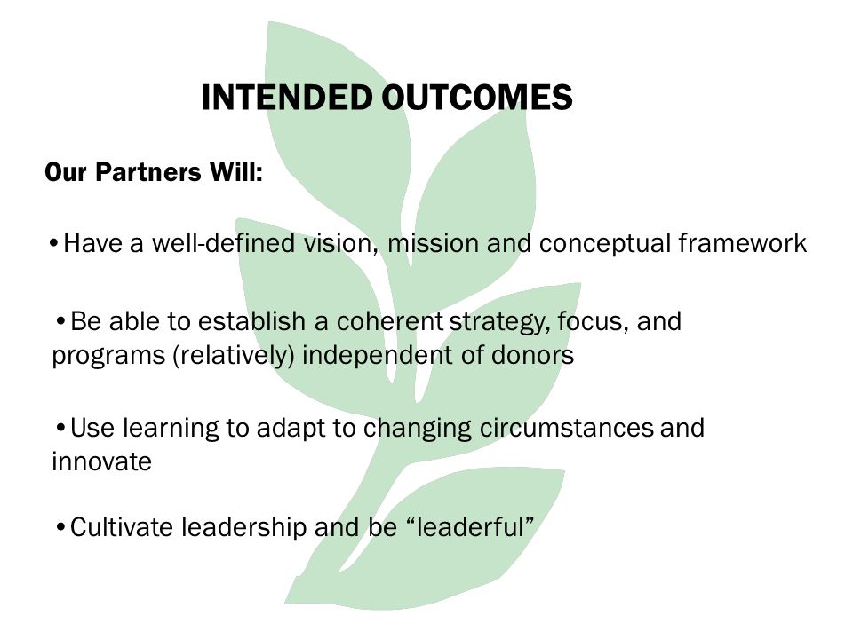 INTENDED OUTCOMES Our Partners Will: Have a well-defined vision, mission and conceptual framework Be able to establish a coherent strategy, focus, and programs (relatively) independent of donors Use learning to adapt to changing circumstances and innovate Cultivate leadership and be leaderful