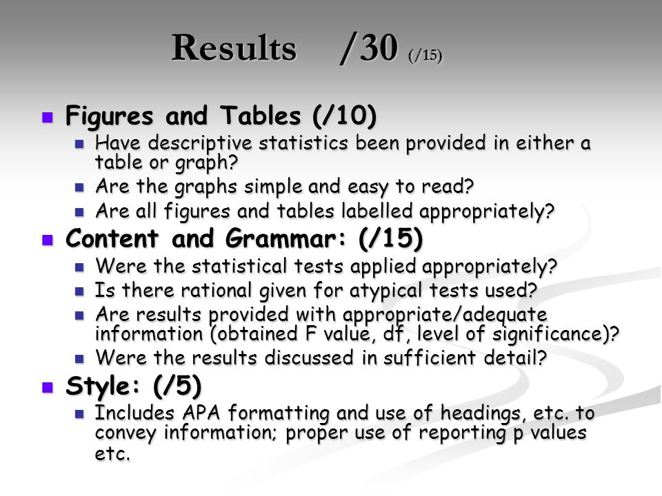 Results /30 (/15) Figures and Tables (/10) Figures and Tables (/10) Have descriptive statistics been provided in either a table or graph.