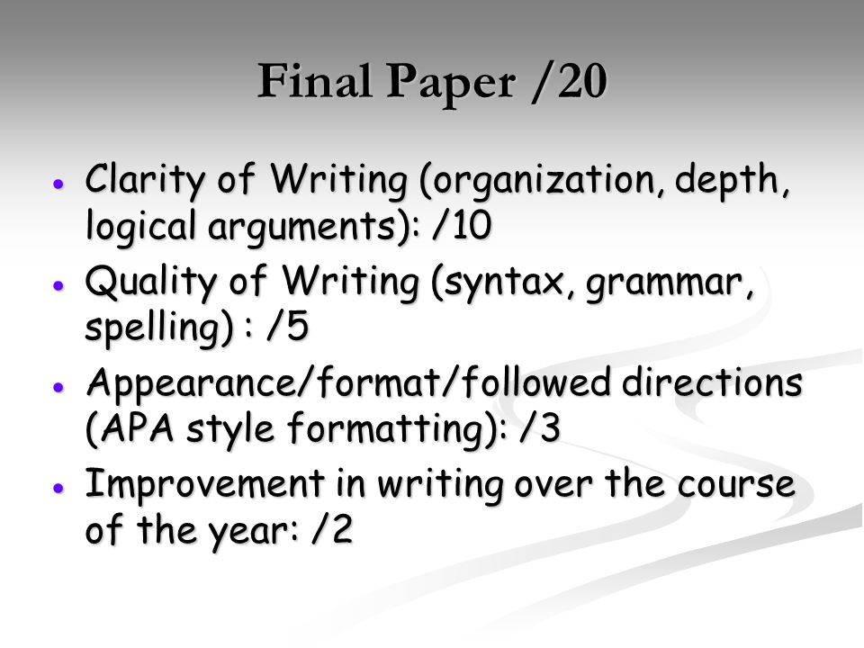 Final Paper /20  Clarity of Writing (organization, depth, logical arguments): /10  Quality of Writing (syntax, grammar, spelling) : /5  Appearance/format/followed directions (APA style formatting): /3  Improvement in writing over the course of the year: /2