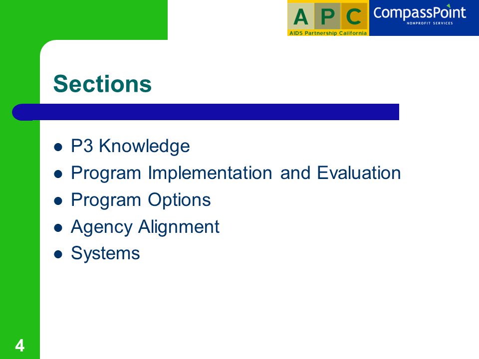 4 Sections P3 Knowledge Program Implementation and Evaluation Program Options Agency Alignment Systems