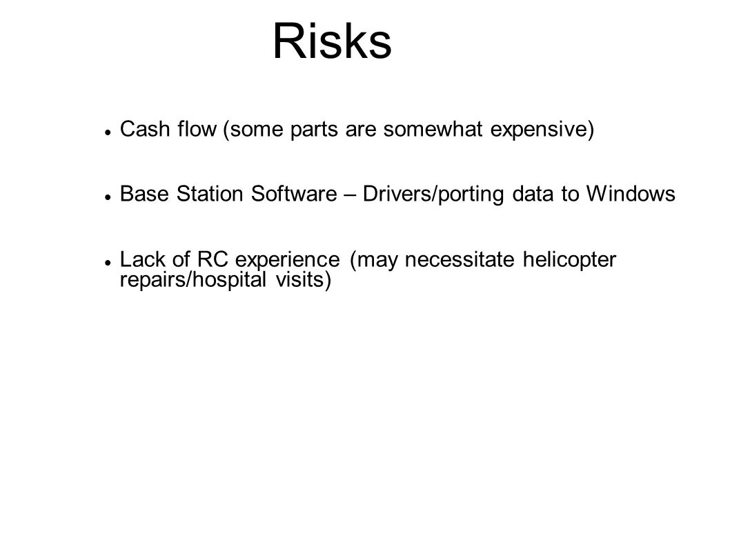 Cash flow (some parts are somewhat expensive)‏ Lack of RC experience (may necessitate helicopter repairs/hospital visits)‏ Base Station Software – Drivers/porting data to Windows‏ Risks