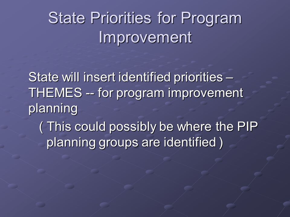 State Priorities for Program Improvement State will insert identified priorities – THEMES -- for program improvement planning ( This could possibly be where the PIP planning groups are identified ) ( This could possibly be where the PIP planning groups are identified )
