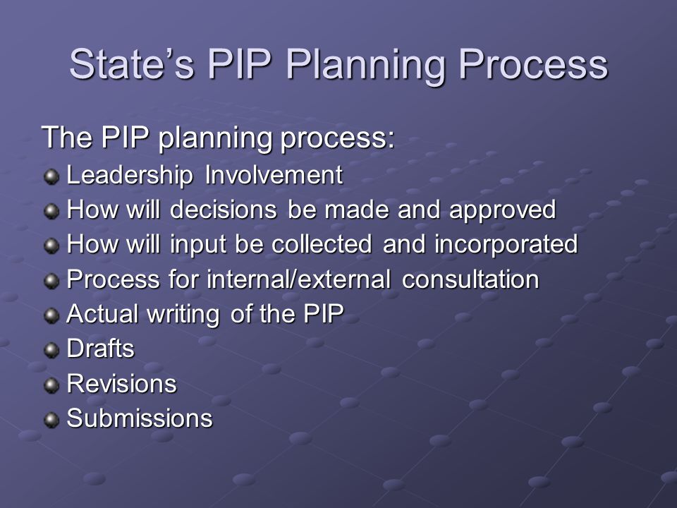 State’s PIP Planning Process The PIP planning process: Leadership Involvement How will decisions be made and approved How will input be collected and incorporated Process for internal/external consultation Actual writing of the PIP DraftsRevisionsSubmissions
