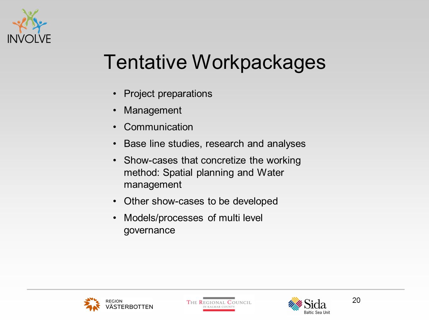 20 Tentative Workpackages Project preparations Management Communication Base line studies, research and analyses Show-cases that concretize the working method: Spatial planning and Water management Other show-cases to be developed Models/processes of multi level governance