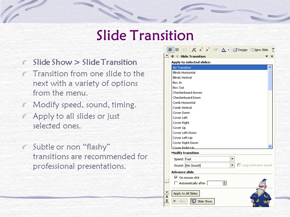 Sound and Effects While experimenting with new and neat features it can be tempting to try to cram a lot into a slide presentation.