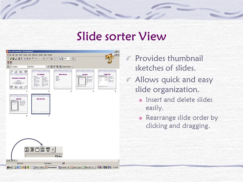 Normal View (Office XP) Tabs to left show either Slide or Outline view.