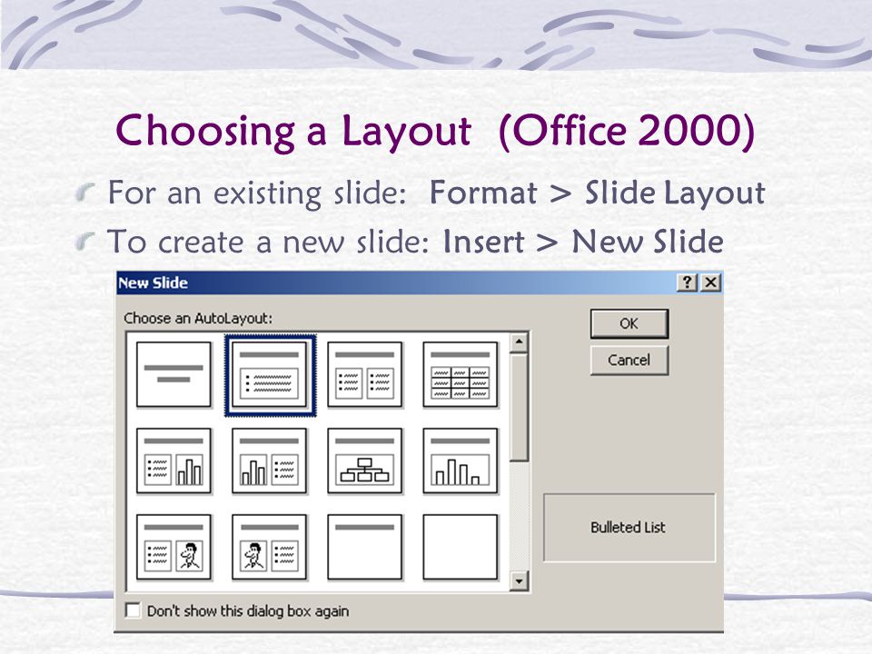 Creating a Slide Presentation File > New > Blank Presentation Choose Layout Choose Template Add text and graphics Customize graphics and effects Organize slides into order