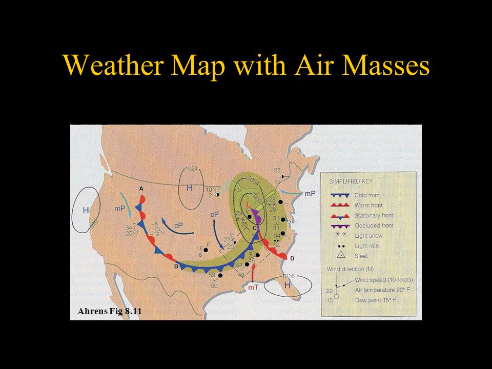 Weather Map with Air Masses Ahrens Fig 8.11