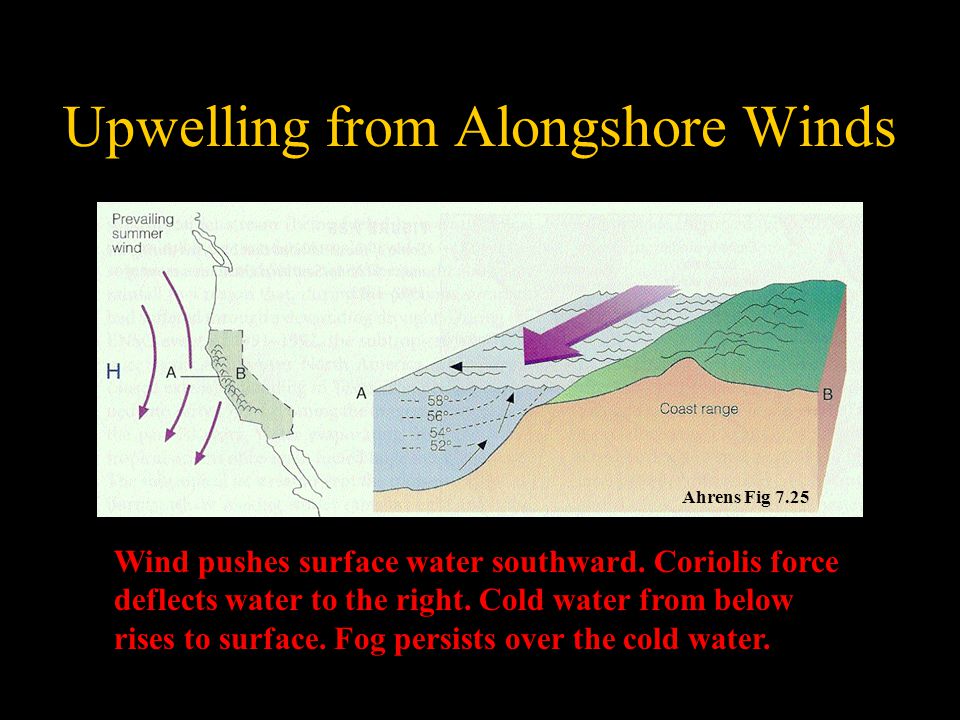 Upwelling from Alongshore Winds Ahrens Fig 7.25 Wind pushes surface water southward.