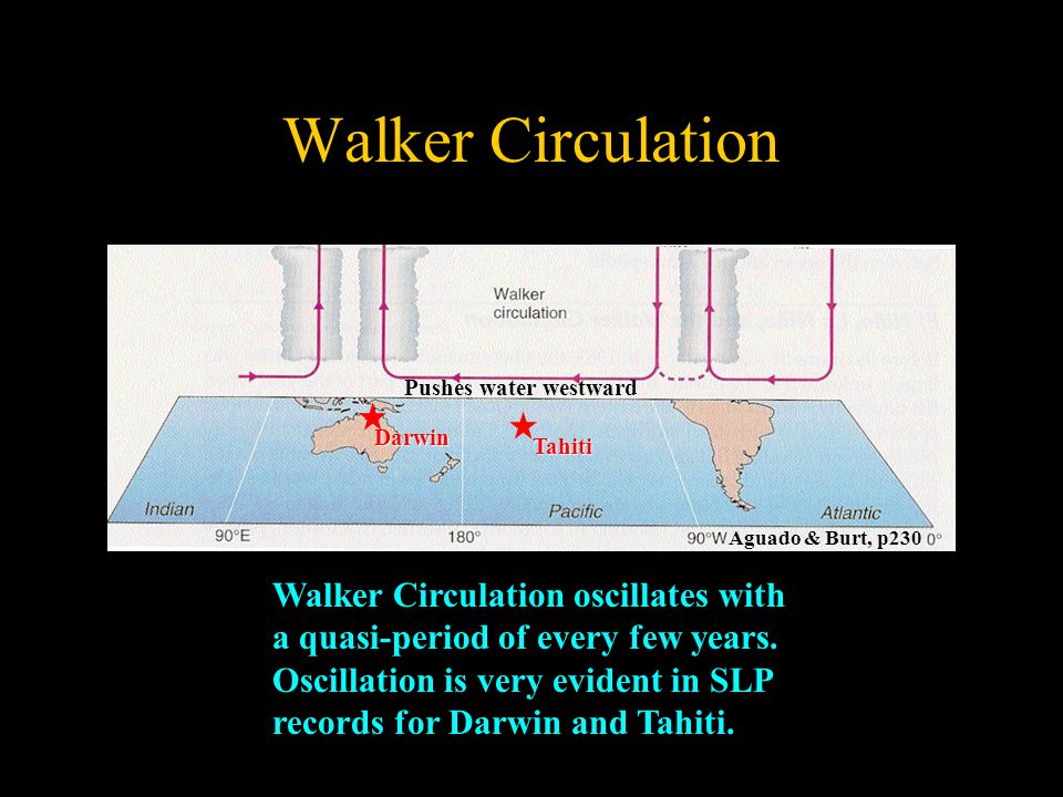 Walker Circulation Pushes water westward Darwin Tahiti Walker Circulation oscillates with a quasi-period of every few years.