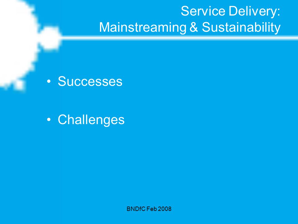 BNDfC Feb 2008 Service Delivery: Mainstreaming & Sustainability Successes Challenges