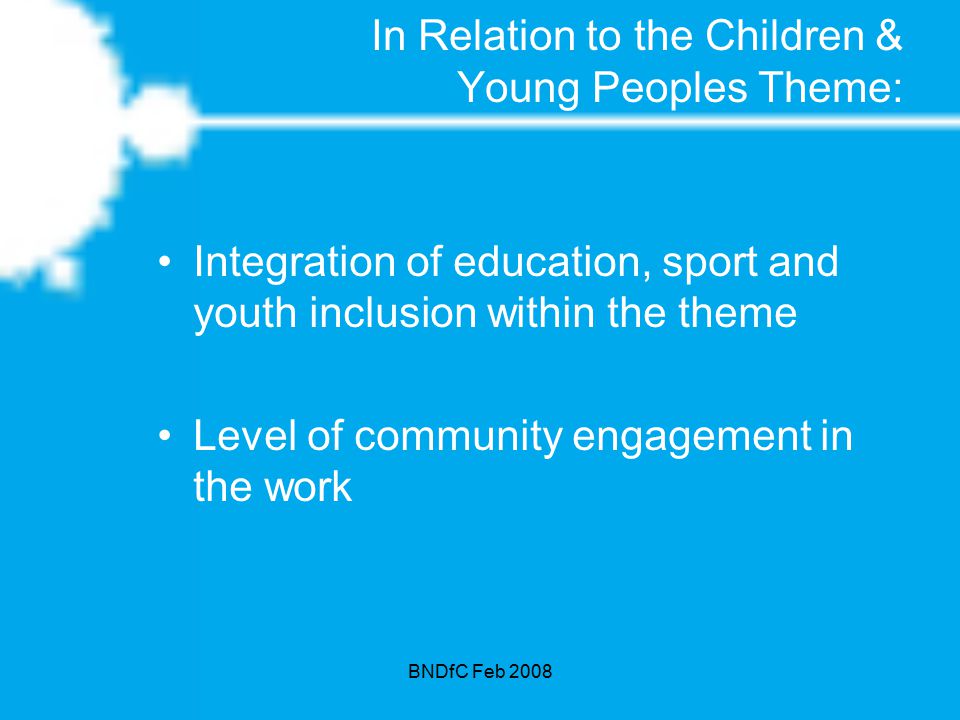 BNDfC Feb 2008 In Relation to the Children & Young Peoples Theme: Integration of education, sport and youth inclusion within the theme Level of community engagement in the work