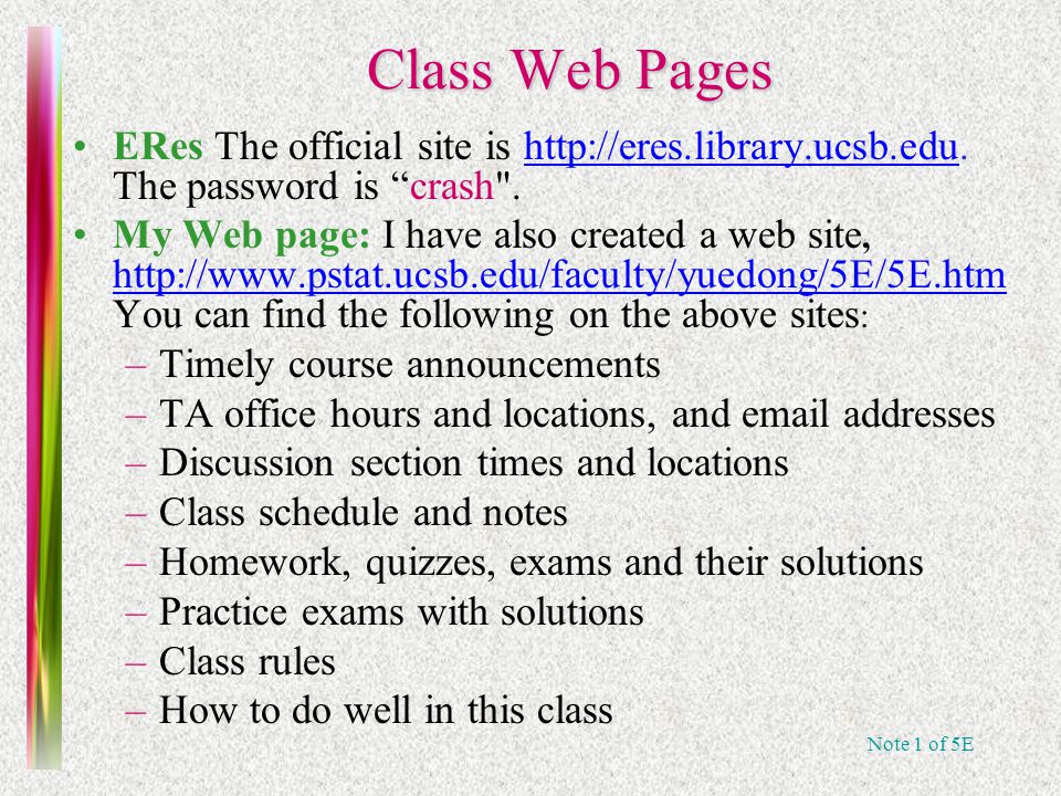 Note 1 of 5E Class Web Pages ERes The official site is