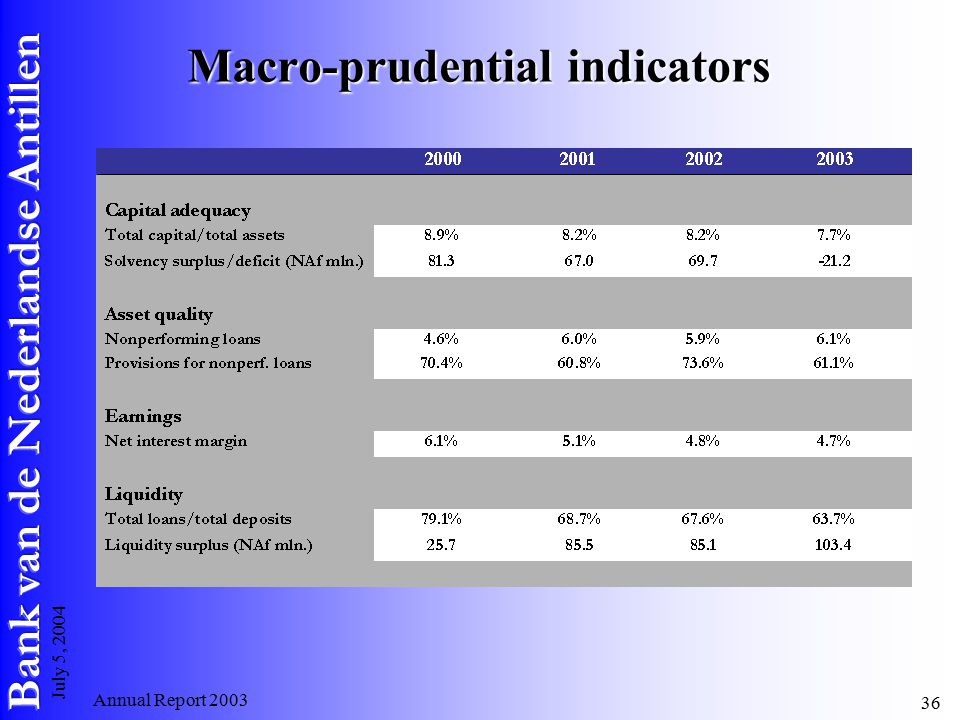 Annual Report July 5, 2004 Macro-prudential indicators