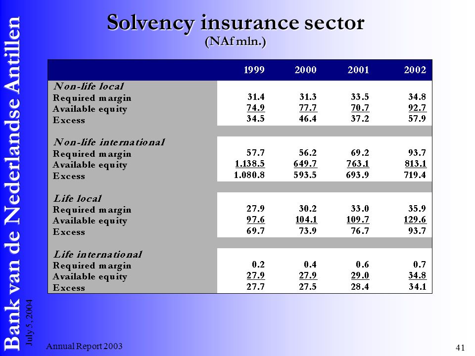 Annual Report July 5, 2004 Solvency insurance sector (NAf mln.)