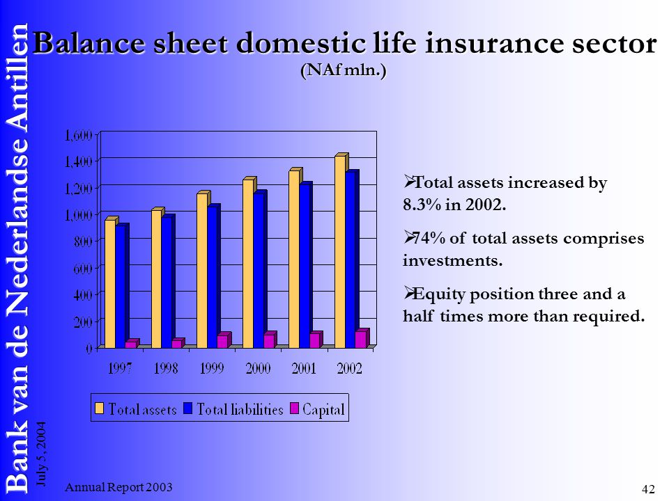 Annual Report July 5, 2004 Balance sheet domestic life insurance sector (NAf mln.)  Total assets increased by 8.3% in 2002.