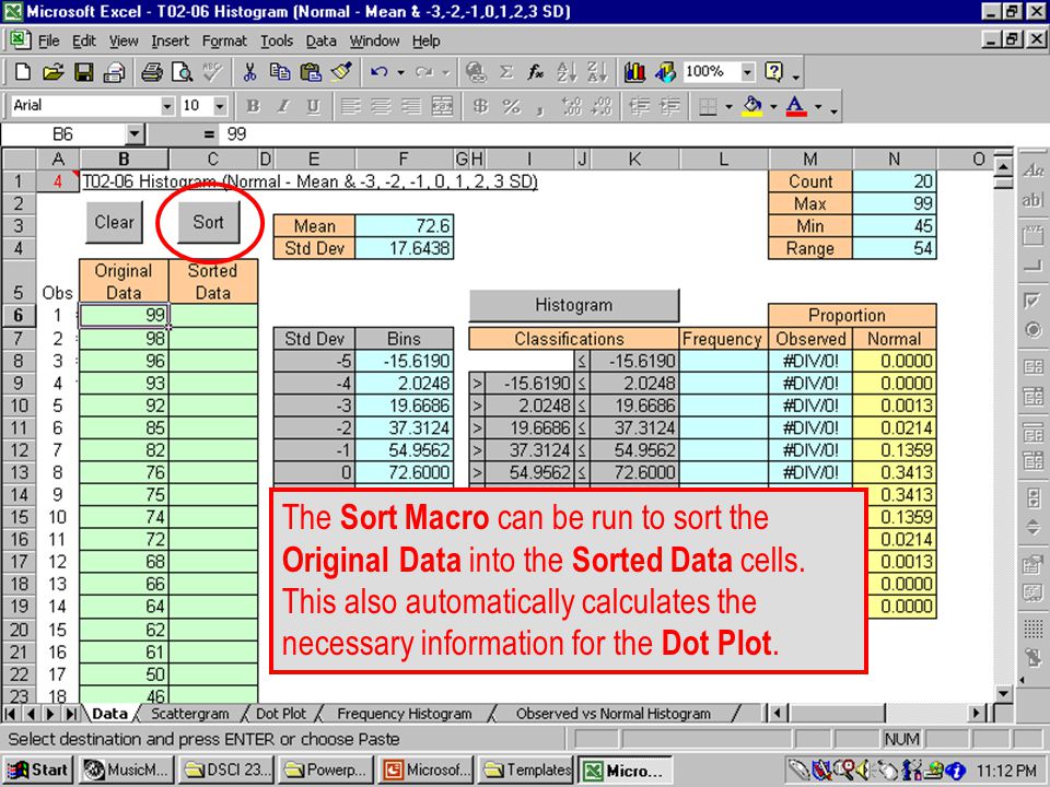 T The Sort Macro can be run to sort the Original Data into the Sorted Data cells.