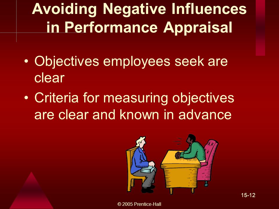 © 2005 Prentice-Hall Avoiding Negative Influences in Performance Appraisal Objectives employees seek are clear Criteria for measuring objectives are clear and known in advance