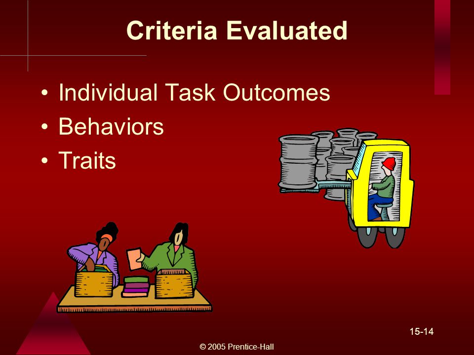 © 2005 Prentice-Hall Criteria Evaluated Individual Task Outcomes Behaviors Traits