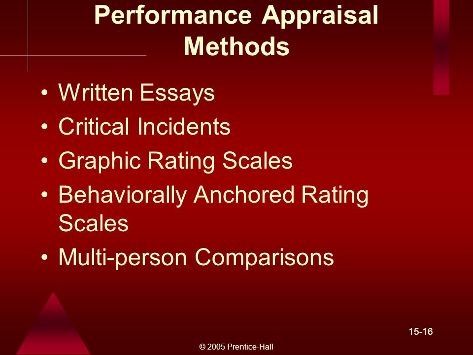 © 2005 Prentice-Hall Performance Appraisal Methods Written Essays Critical Incidents Graphic Rating Scales Behaviorally Anchored Rating Scales Multi-person Comparisons