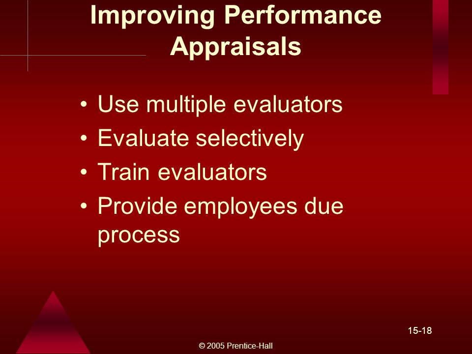 © 2005 Prentice-Hall Improving Performance Appraisals Use multiple evaluators Evaluate selectively Train evaluators Provide employees due process