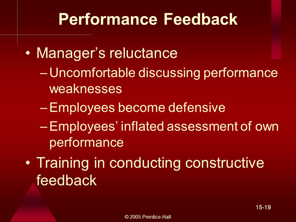 © 2005 Prentice-Hall Performance Feedback Manager’s reluctance –Uncomfortable discussing performance weaknesses –Employees become defensive –Employees’ inflated assessment of own performance Training in conducting constructive feedback