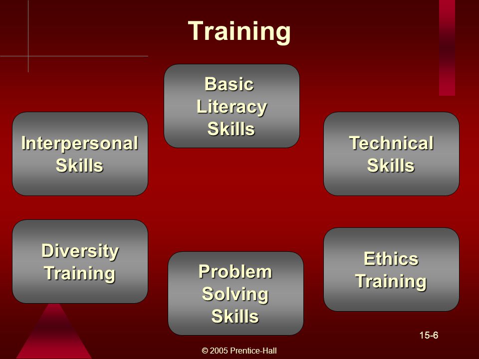 © 2005 Prentice-Hall 15-6 Training Basic Literacy Skills Interpersonal Skills Technical Skills Problem Solving Skills Diversity Training Ethics Training