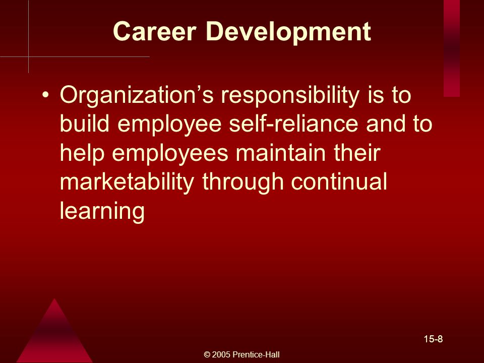 © 2005 Prentice-Hall 15-8 Career Development Organization’s responsibility is to build employee self-reliance and to help employees maintain their marketability through continual learning