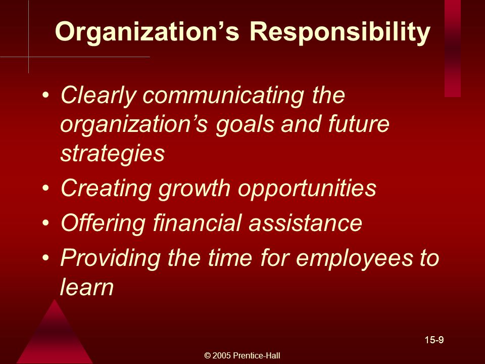 © 2005 Prentice-Hall 15-9 Organization’s Responsibility Clearly communicating the organization’s goals and future strategies Creating growth opportunities Offering financial assistance Providing the time for employees to learn