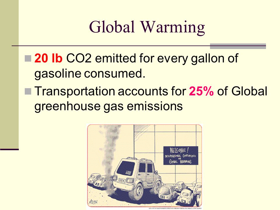 Global Warming 20 lb CO2 emitted for every gallon of gasoline consumed.