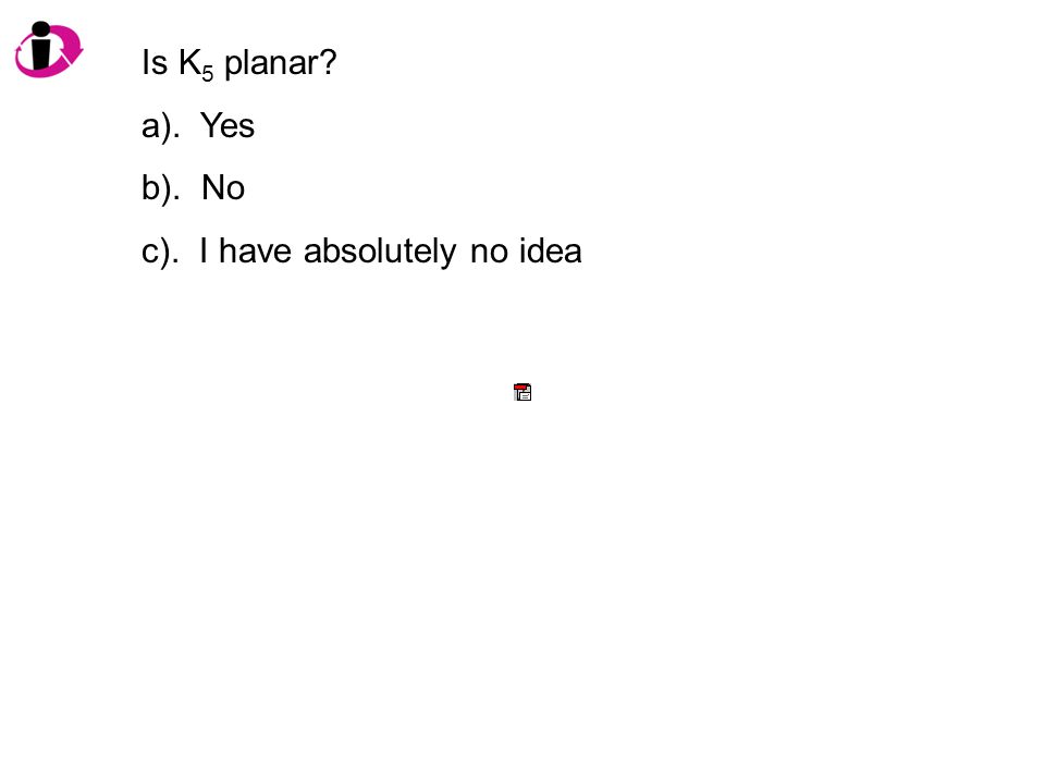 Is K 5 planar a). Yes b). No c). I have absolutely no idea