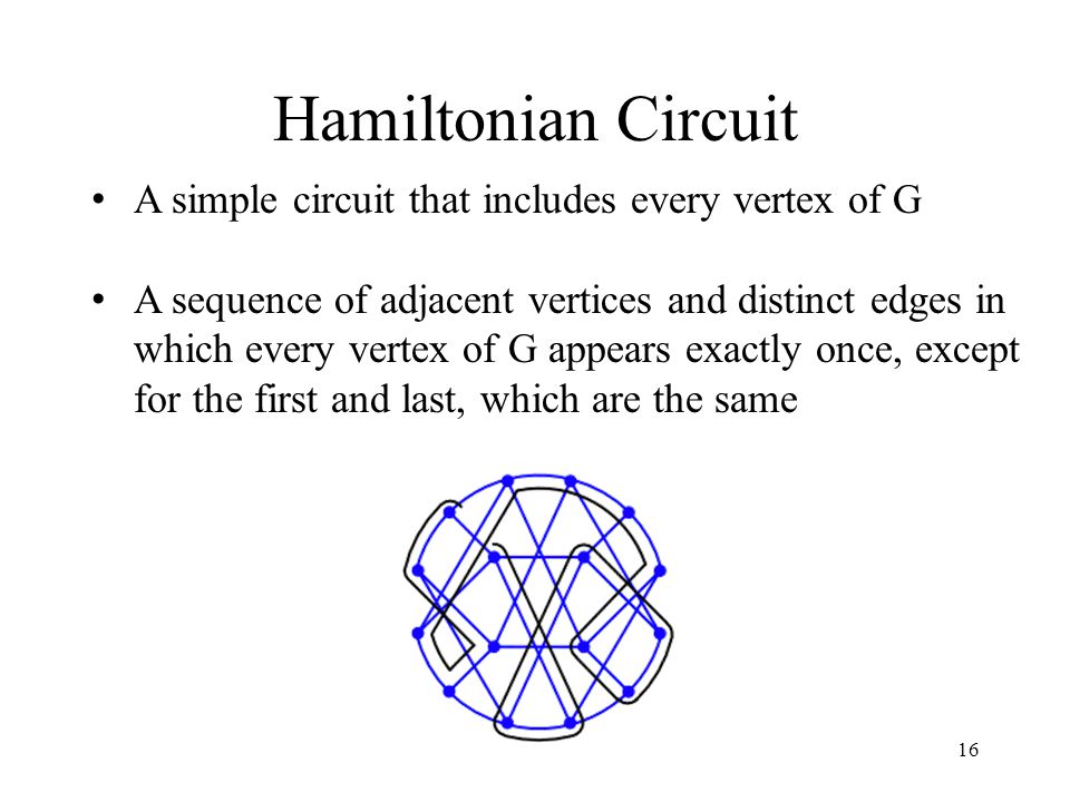16 Hamiltonian Circuit A simple circuit that includes every vertex of G A sequence of adjacent vertices and distinct edges in which every vertex of G appears exactly once, except for the first and last, which are the same