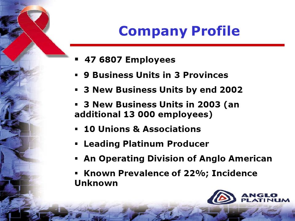 Company Profile  Employees  9 Business Units in 3 Provinces  3 New Business Units by end 2002  3 New Business Units in 2003 (an additional employees)  10 Unions & Associations  Leading Platinum Producer  An Operating Division of Anglo American  Known Prevalence of 22%; Incidence Unknown
